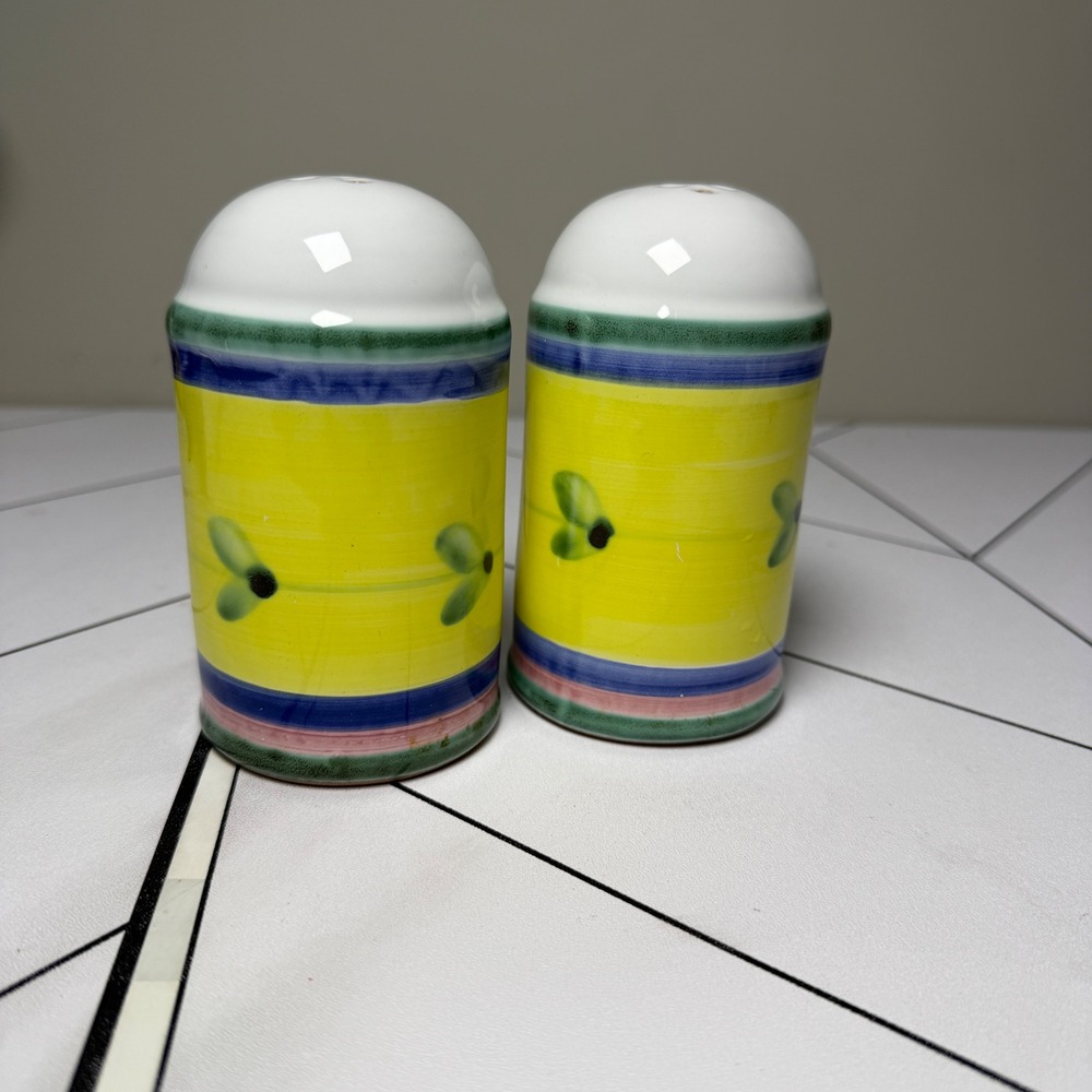 VTG Caleca Salt and Pepper Shakers Unisex OS YellowOlive Stripe Ceramic NO Plug - Picture 3 of 6